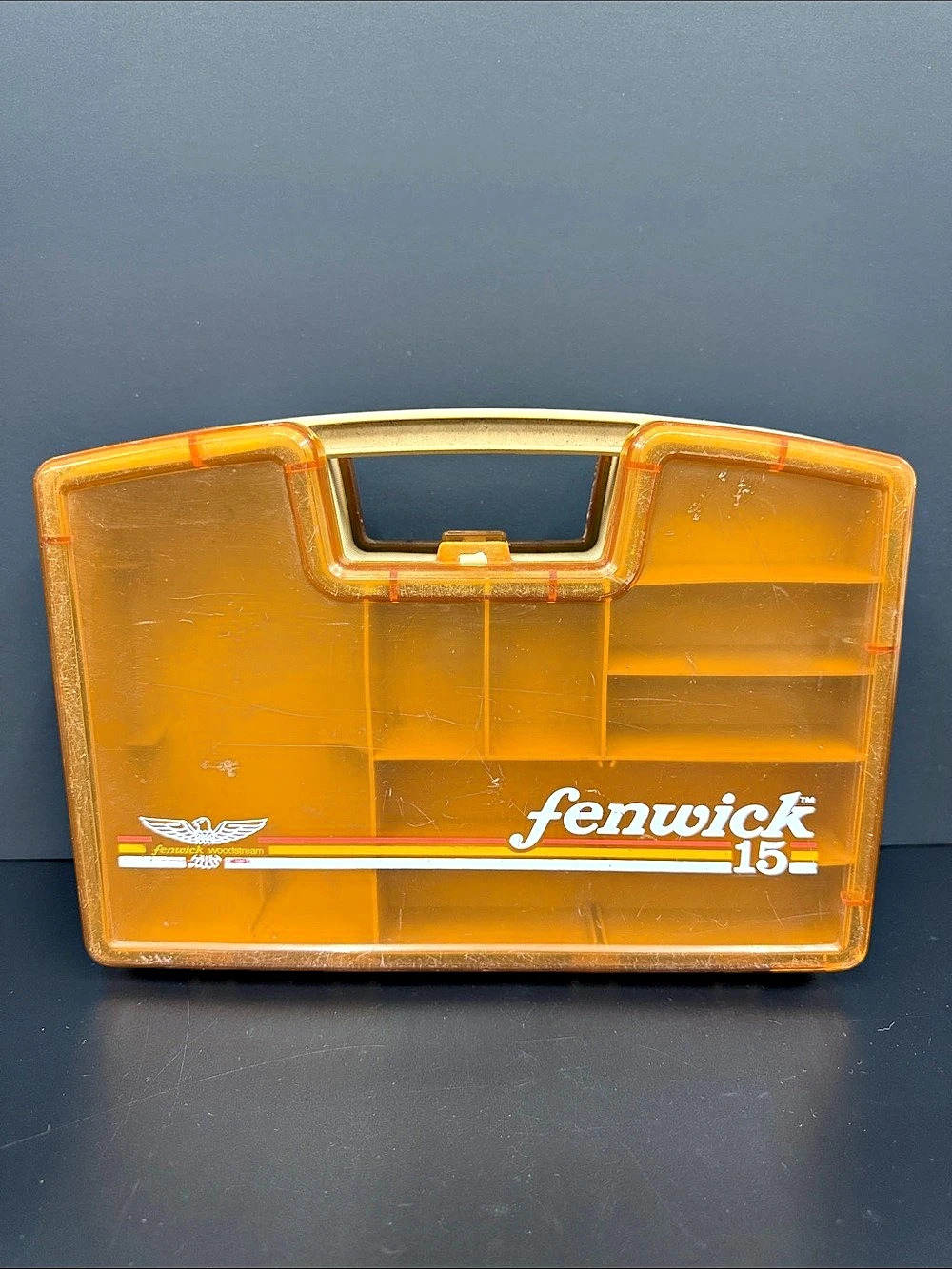 Vintage Fenwick 15 Woodstream Double-Sided Fishing Tackle Box Amber Orange